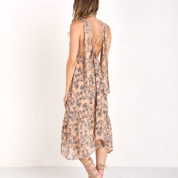 For Love & Lemons Pia Dress Pale Peach V-Neck Midi Low Back Adjustable Straps M - Picture 2 of 9